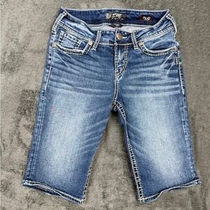 Silver Jeans Co.‎ Suki Mid Bermuda Denim Shorts Womens 26 Blue Distressed